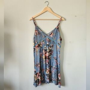 Umgee Blue Floral Lace-Trim Dress Med